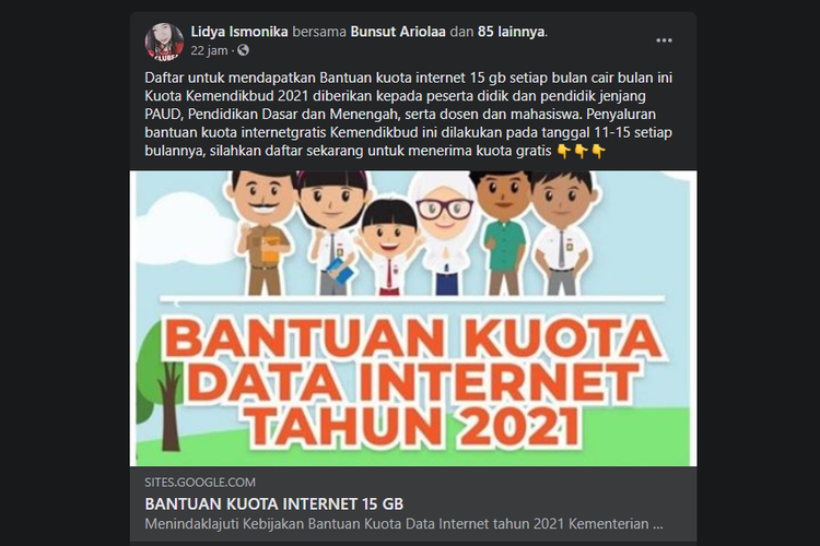 Tangkapan layar hoaks link pendaftaran bantuan kuota Kemendikbud