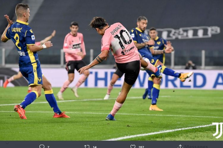 Penyerang Juventus, Paulo Dybala, beraksi dalam laga Juventus vs Verona, Senin (26/10/2020) dini hari WIB.