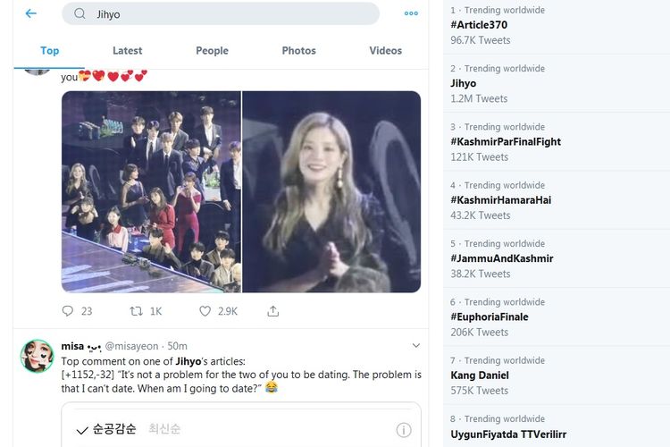 Jihyo TWICE dan Kang Daniel jadi trending topic dunia di Twitter, Senin (5/8/2019).