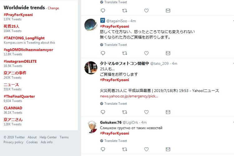 Tagar #PrayForKyoani jadi trending topic dunia di Twitter.