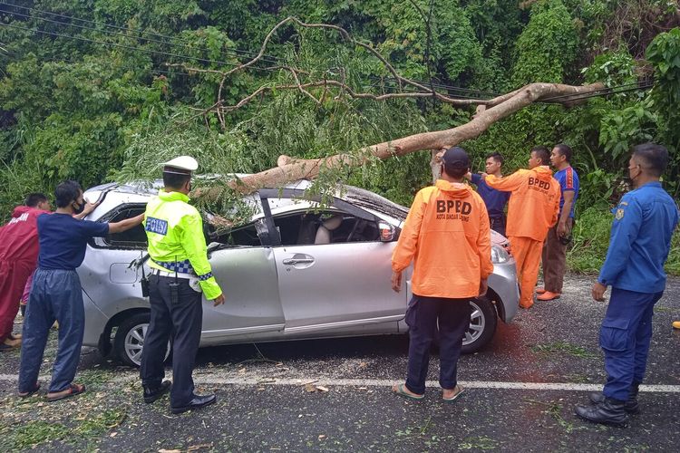 Mobil avanza tertimpa pohon di Kelurahan Sukadanaham, Bandar Lampung, Rabu (19/1/2022) sore. Lima orang penumpang terluka akibat kecelakaan ini.
