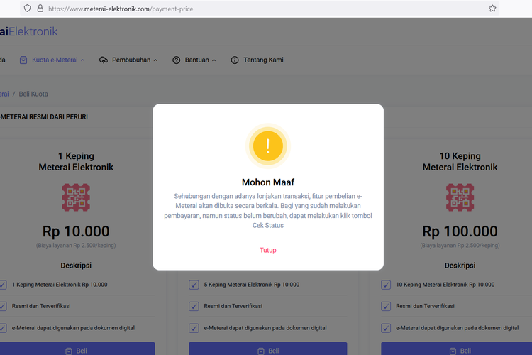 Tampilan layanan pembelian e-meterai yang masih belum tersedia di website meterai-elektronik.com, pada Kamis (5/9/2024), sekitar pukul 16.00 WIB..