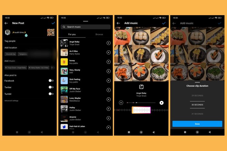 Tangkapan layar fitur Add Music yang sudah tersedia di aplikasi Instagram versi 229.0.0.17.118 di ponsel Android.