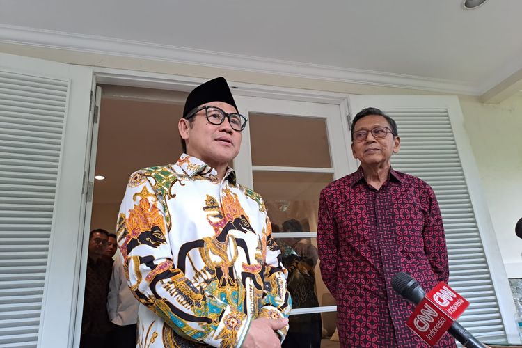 Ketua Umum PKB Muhaimin Iskandar atau Cak Imin usai menemui Wapres ke-11 Boediono di kediaman Boediono, Menteng, Jakarta Pusat, Rabu (17/5/2023). 