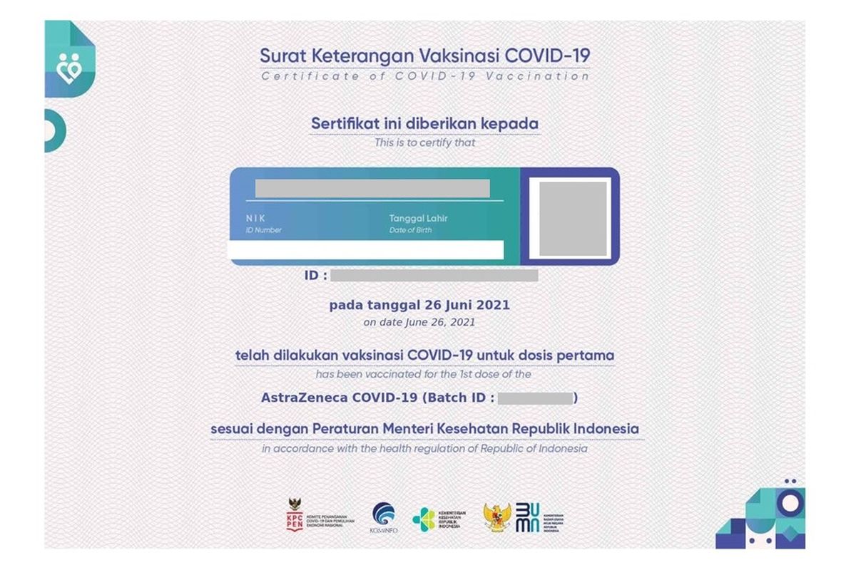 Contoh sertifikat vaksin Covid-19.