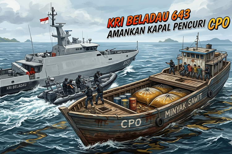 KRI Beladau-643 Amankan Kapal Diduga Curi Minyak CPO di Perairan Riau