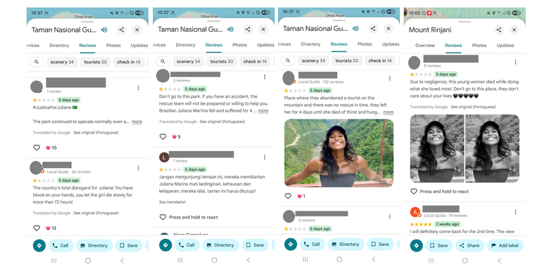 Tangkapan layar beberapa ulasan dan rating bintang 1 untuk Gunung Rinjani yang diberikan warganet Brasil. Kebanyakan ulasan memuat ungkapan kekecewaan dan kesedihan atas tragedi Juliana Marins di Gunung Rinjani.