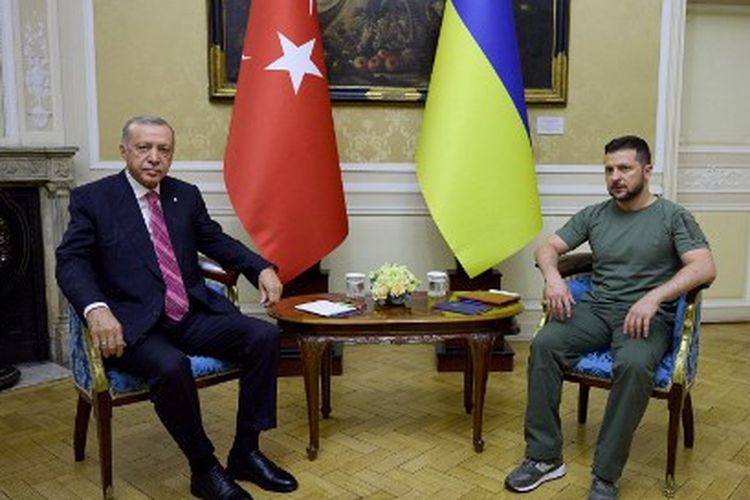 Gambar selebaran ini diambil dan dirilis oleh layanan pers Presiden Ukraina pada 18 Agustus 2022, menunjukkan Presiden Ukraina Volodymyr Zelensky (kanan) berbicara dengan mitranya Presiden Turkiye Recep Tayyip Erdogan di Lviv, di tengah invasi Rusia ke Ukraina.

