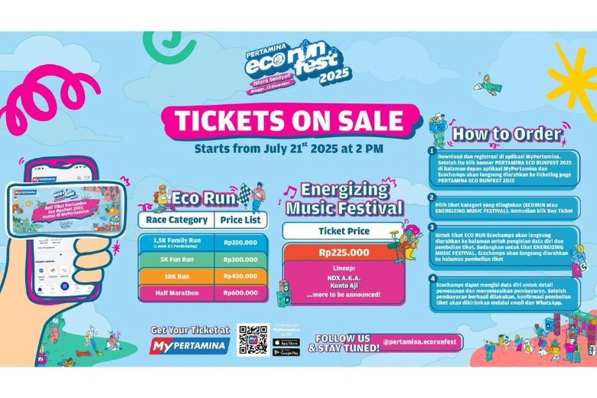 Tiket Pertamina Eco RunFest 2025 akan dijual melalui MyPertamina mulai 21 Juli 2025 pukul 14.00 WIB. 