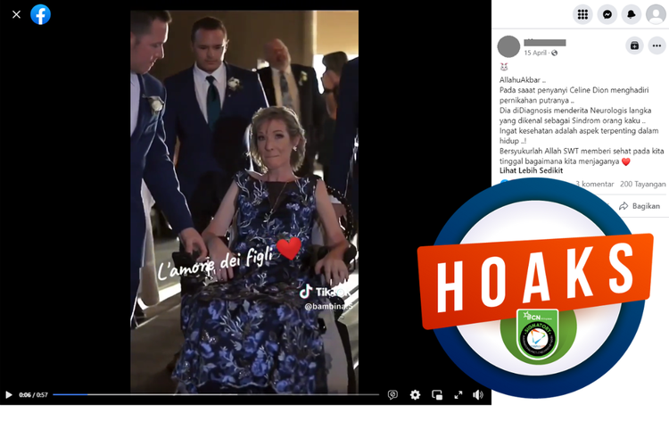 Tangkapan layar unggahan dengan narasi hoaks di sebuah akun Facebook, 15 April 2023, soal video penyanyi Celine Dion di kursi roda dan berdansa di pernikahan anaknya.