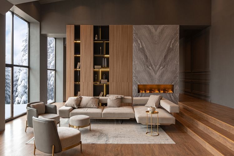 Ilustrasi ruang keluarga dengan nuasan kayu, seperti lantai kayu dan lemari.