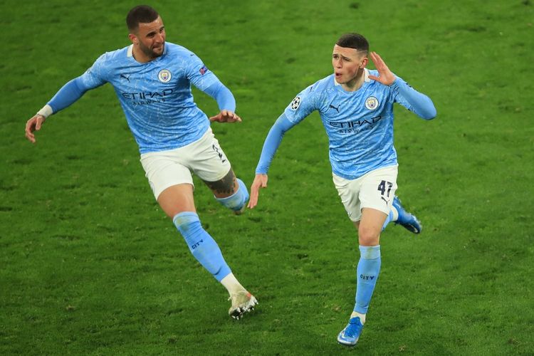 Phil Foden mencetak gol bagi Man City pada laga leg kedua perempat final Liga Champions di markas Borussia Dortmund, Kamis (15/4/2021) dini hari WIB.