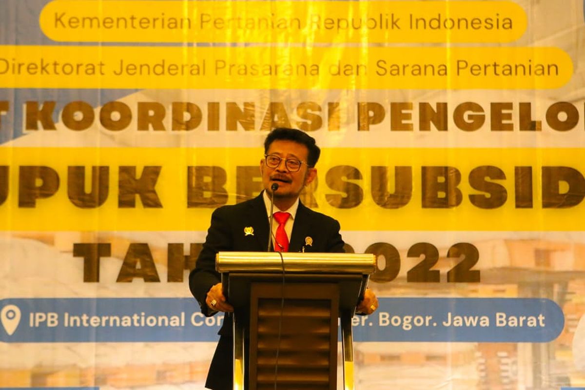 Menteri Pertanian (Mentan) Syahrul Yasin Limpo (SYL) dalam Rapat Koordinasi Tata Kelola Pupuk Bersubsidi Tahun Anggaran 2022 di Bogor, Jawa Barat, Selasa (19/7/2022).