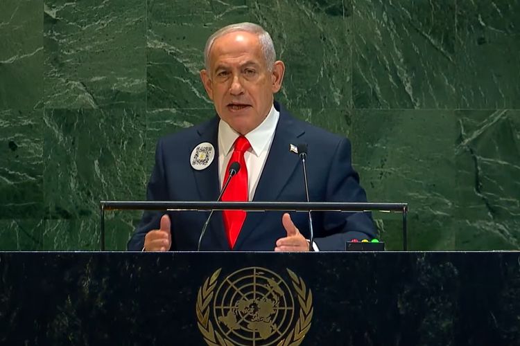 Perdana Menteri Israel Benjamin Netanyahu saat berbicara di Sidang Majelis Umum PBB, New York, AS, Jumat (26/9/2025).