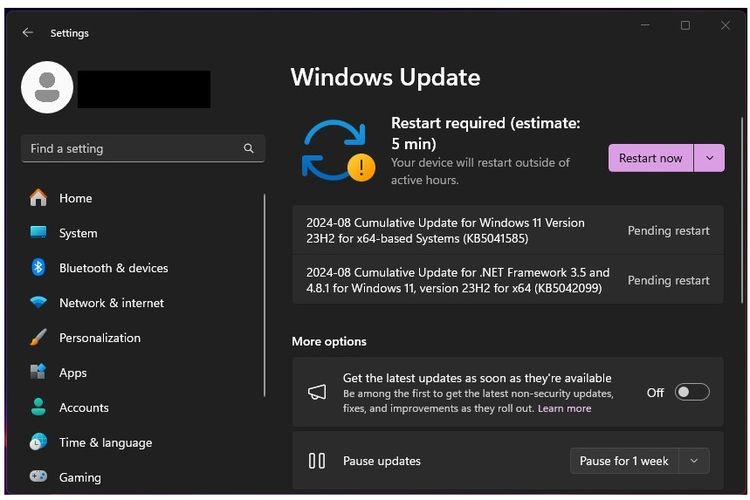 Tampilan menu Windows Update di Settings sistem operasi Windows 11