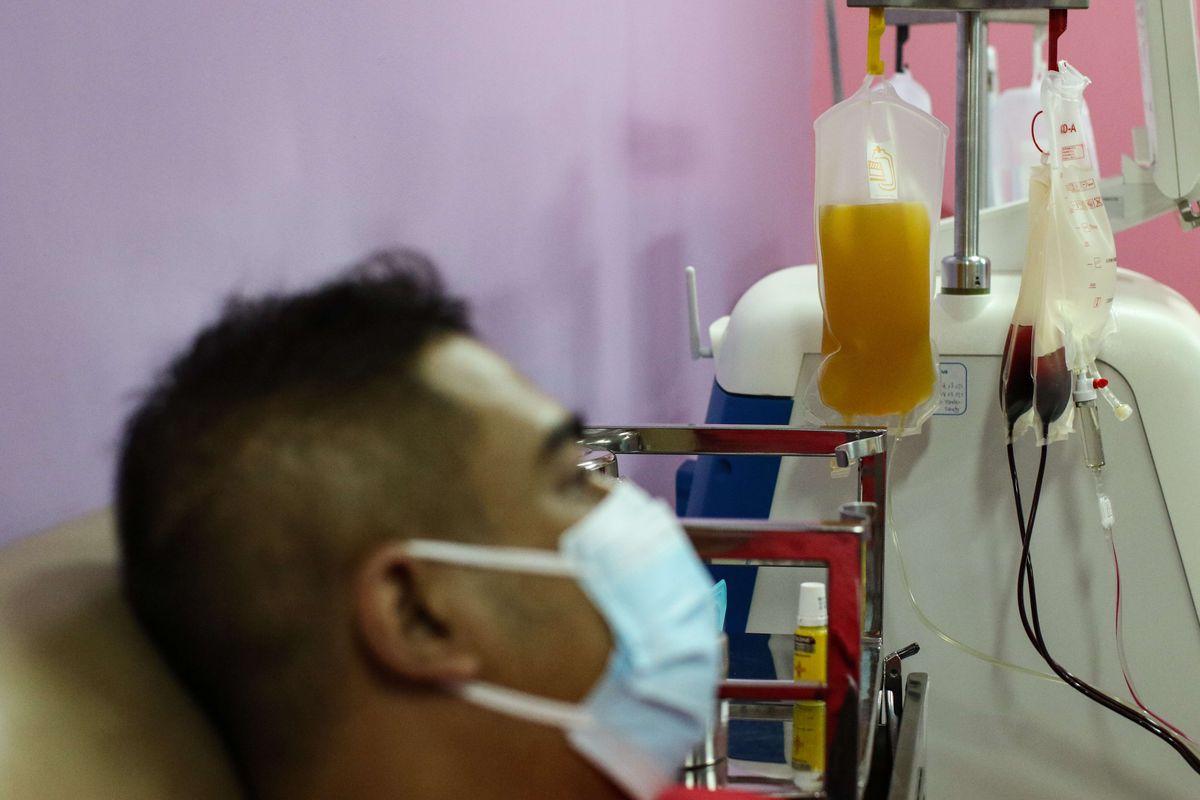 Penyitas covid-19 mendonorkan plasma konvalesen di Unit Donor Darah Pusat PMI, Jakarta, Senin (12/7/2021). Stok persediaan plasma konvalesen di UDD PMI yang membantu penderita covid-19 sangat minim.