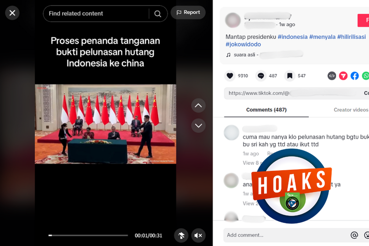 Tangkapan layar konten hoaks di sebuah akun TikTok, Jumat (5/4/2024), soal penandatanganan bukti pelunasan utang Indonesia ke China.