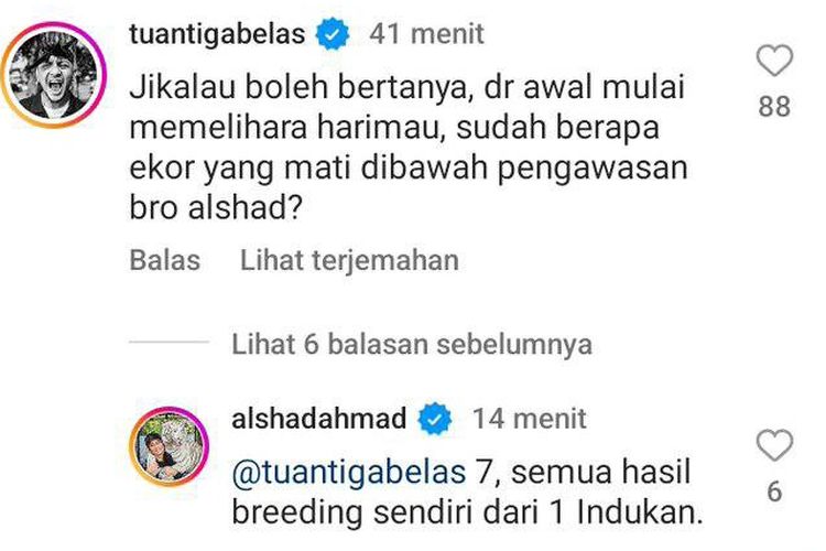 Tangkap layar pernyataan Alshad Ahmad soal 7 harimau peliharaannya yang mati.