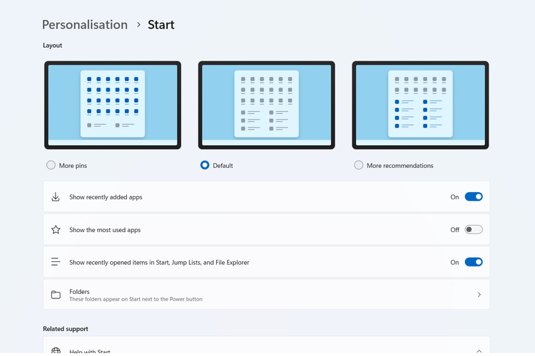 Tangkapan layar tiga opsi baru untuk layout menu Start. 