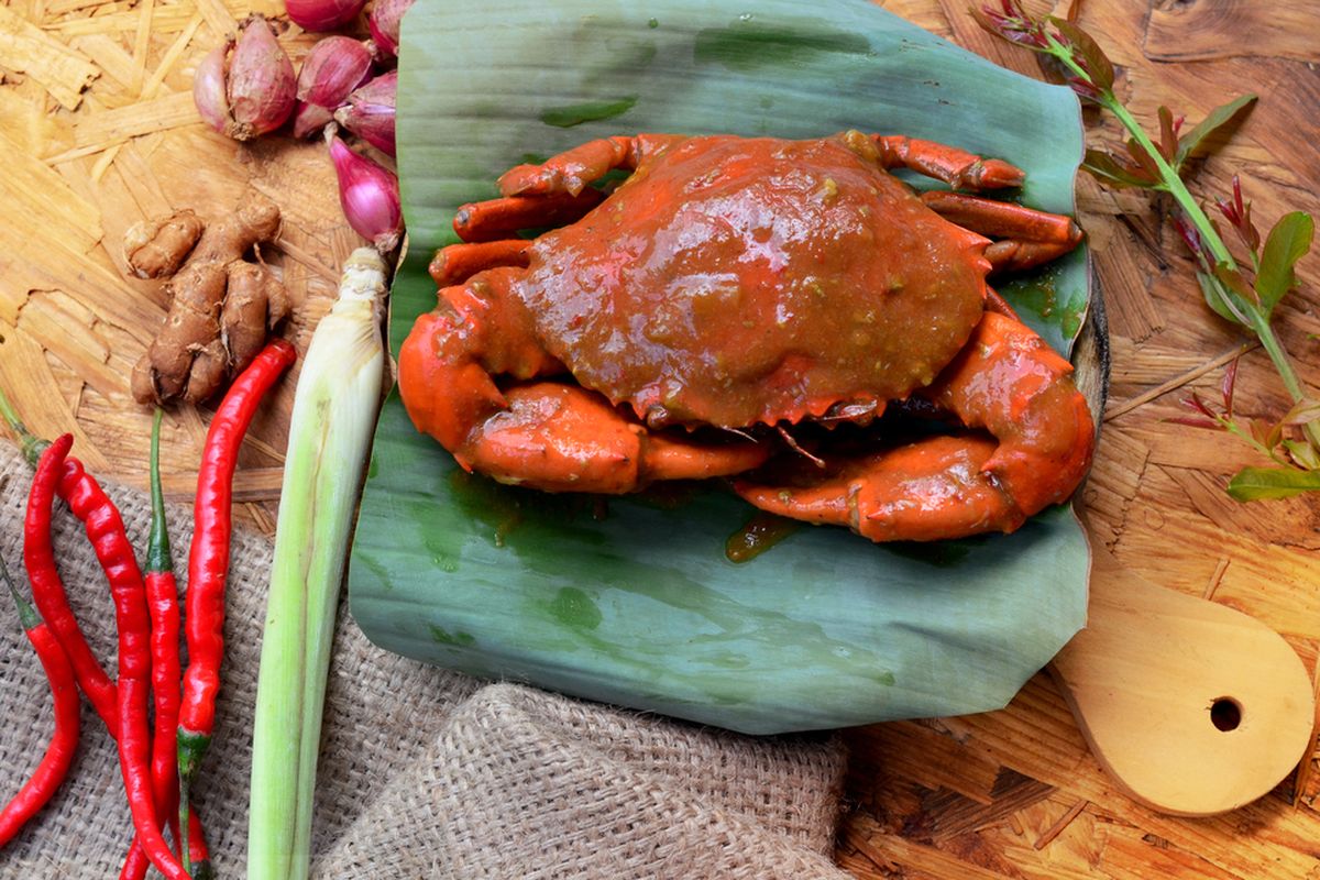 Ilustrasi kepiting segar utuh bumbu saus padang. 