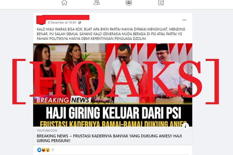 Tangkapan layar Facebook narasi yang menyebut bahwa Giring keluar dari Partai Solidaritas Indonesia