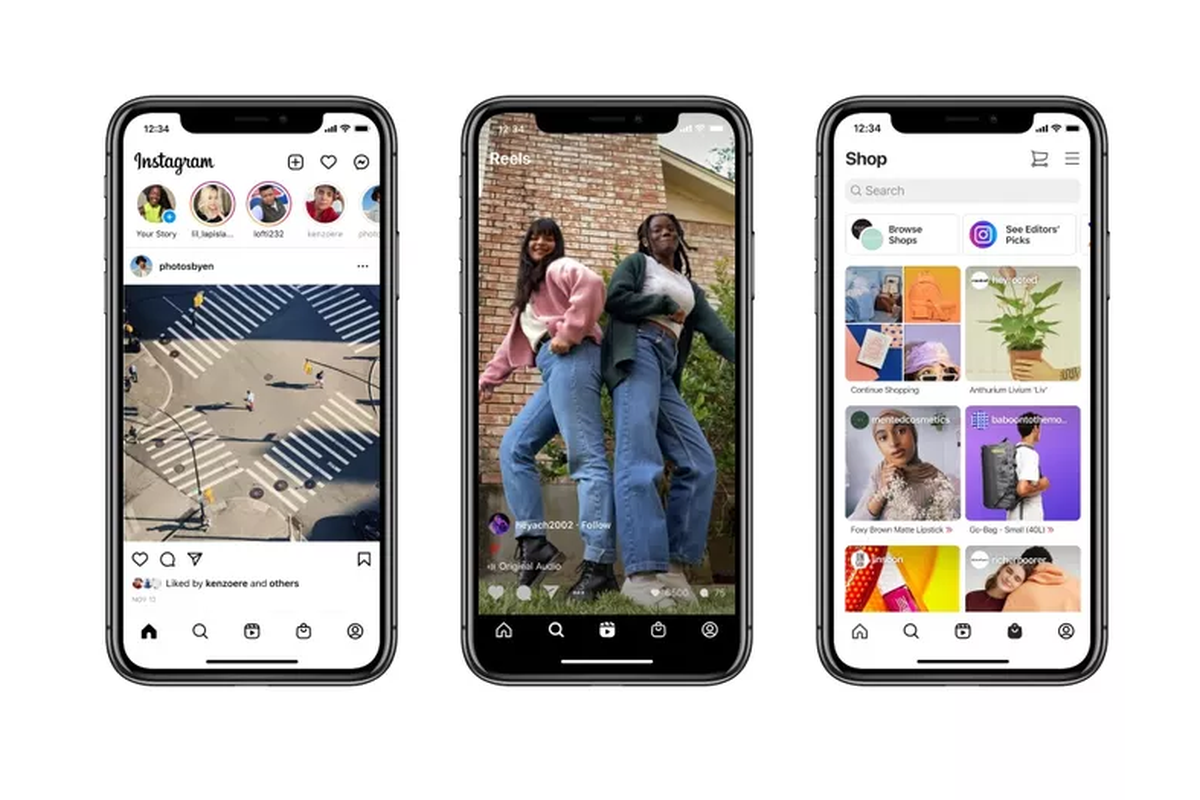 Tampilan baru beranda Instagram yang kini memiliki tombol Reels dan Instagram Shopping.