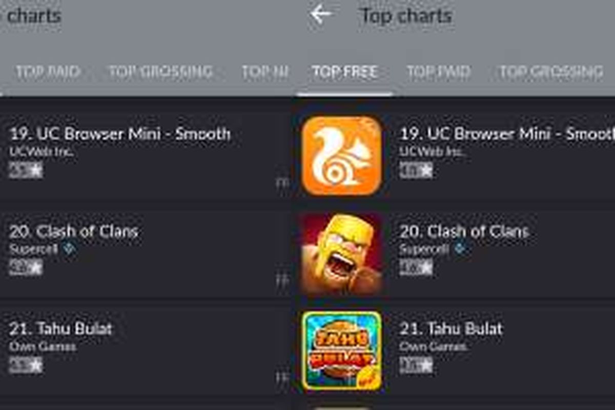 Game Tahu Bulat karya developer Indonesia menempel game Clash of Clans di Google Play Store.