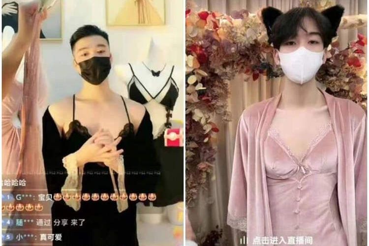 Tangkapan layar dari dua video yang menunjukkan toko di e-commerce China menggunakan model pria untuk memamerkan lingerie guna mengakali blokade permanen.