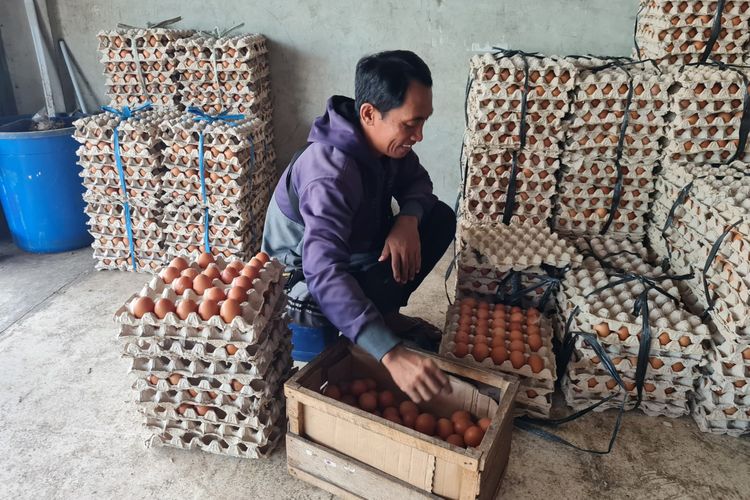 Abdurahman penjual telur ketika sedang kulakan di Pasar Mimbaan, Kecamatan Panji, Kabupaten Situbondo, Selasa (5/3/2024)