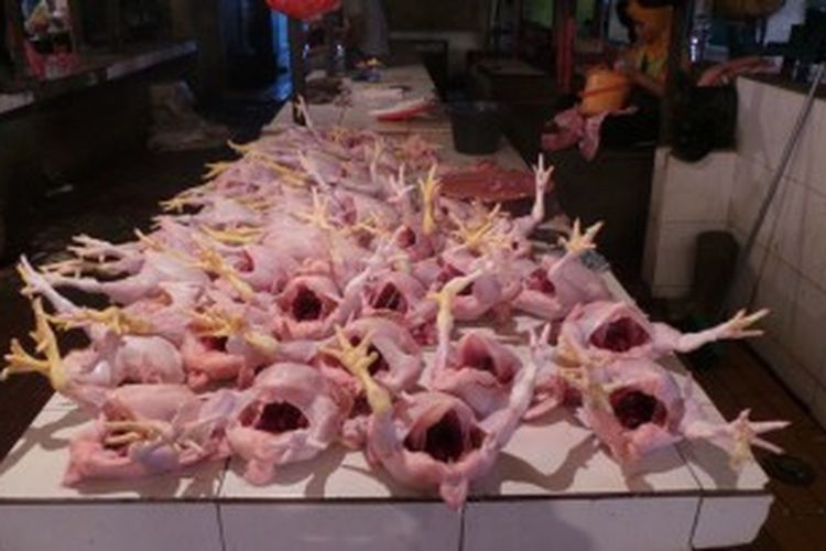 Harga ayam di pasaran kini mengalami kenaikan tertinggi di bandingkan tahun 2012 kemarin. Harga ayam menjadi Rp 25.000 perkilonya saat ini.