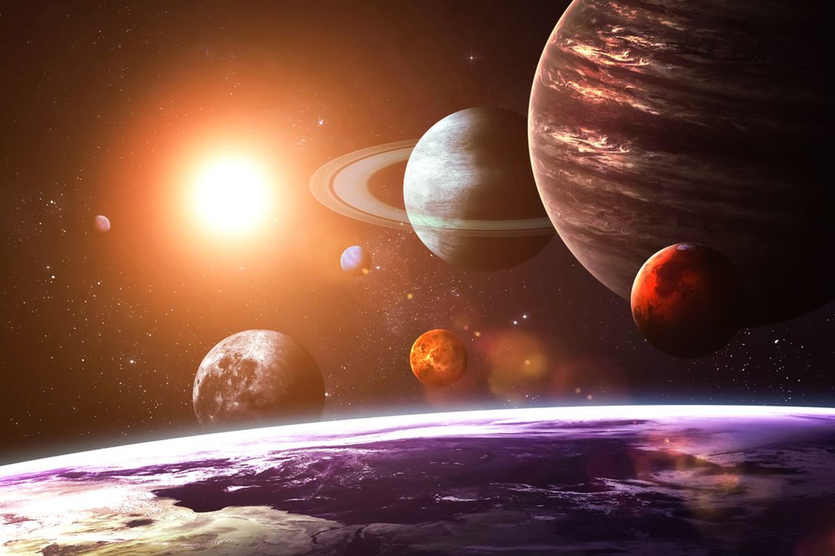 Ilustrasi planet-planet di Tata Surya mengorbit satu bintang, yakni Matahari.