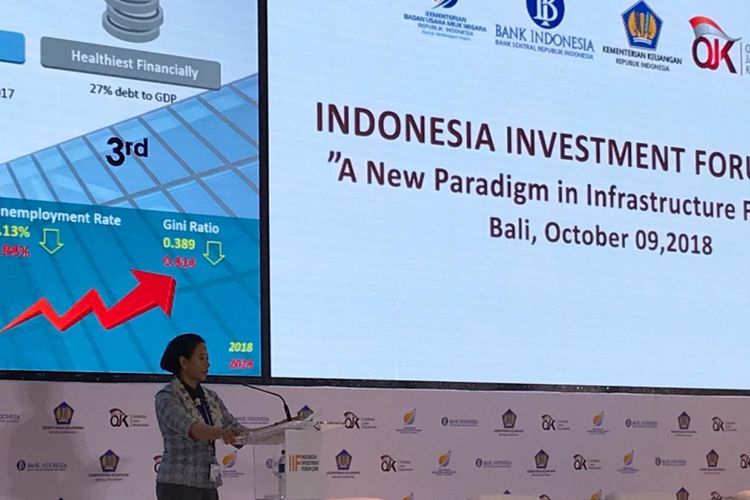Menteri BUMN Rini Soemarno saat memberi keynote speech dalam Indonesia Investment Forum (IIF) 2018, salah satu acara dari rangkaian Pertemuan Tahunan IMF-Bank Dunia di Hotel Conrad, Tanjung Benoa, Bali, Selasa (9/10/2018).