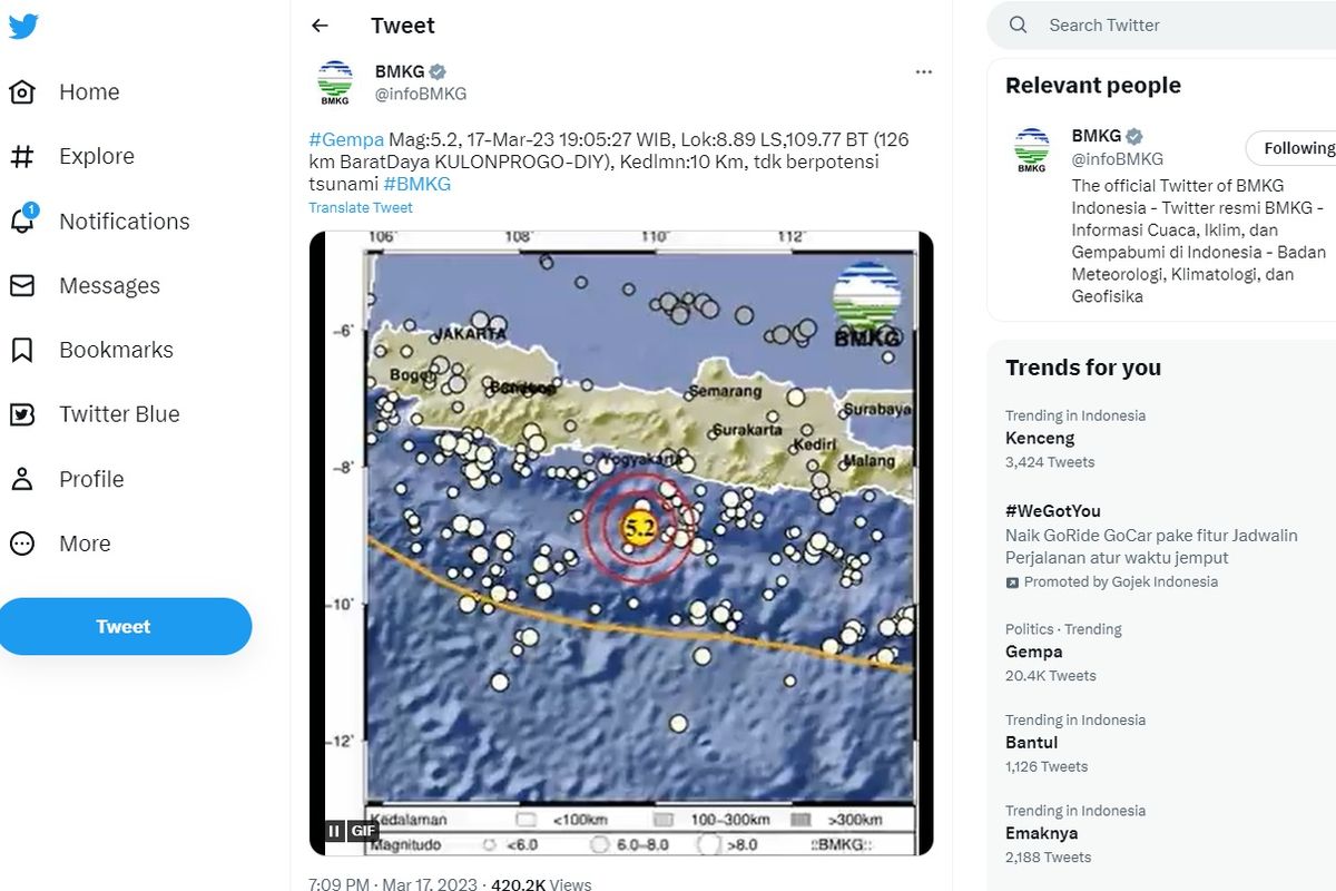 BMKG memastikan gempa bumi di Selatan Jawa pada hari ini, Jumat (17/3/2023) pukul 19.05 tak berpotensi tsunami.