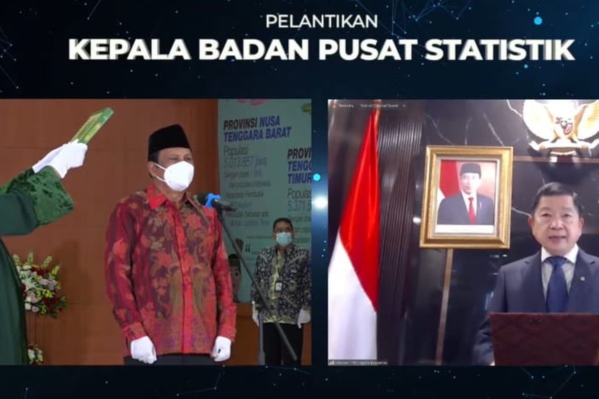 Menteri Perencana Pembangunan Nasional (PPN)/Kepala Bappenas Suharso (kanan) melantik Margo Yuwono (kiri) sebagai Kepala BPS pada Jumat (25/6/2021). 