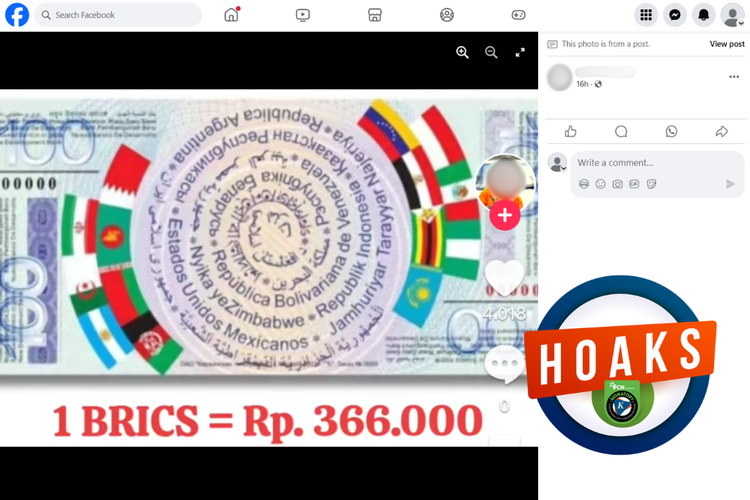 Tangkapan layar konten hoaks di sebuah akun Facebook, Kamis (14/11/2024), mengenai nilai tukar mata uang BRICS yakni Rp 366.000.