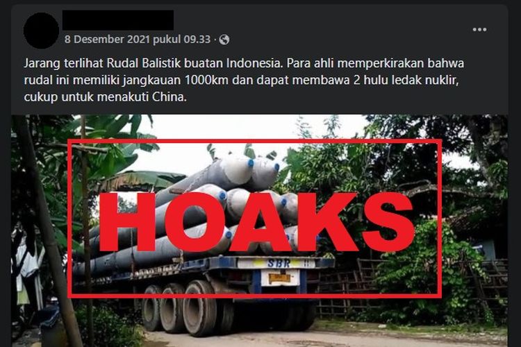 Beredar foto sebuah truk sedang mengangkut barang yang diklaim sebagai rudal balistik buatan Indonesia. Klaim tersebut keliru, karena barang yang sedang diangkut truk itu bukan rudal balistik melainkan paku bumi atau tiang pancang pondasi bangunan.