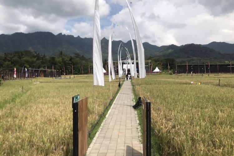 Suasana tempat pelaksanaan acara Balkonjazz Festival 2022 di Balai Ekonomi Desa Pusat Perusahaan Negara (Balkondes PGN) Karangrejo, Borobudur, Jawa Tengah pada Sabtu (14/5/2022) siang.