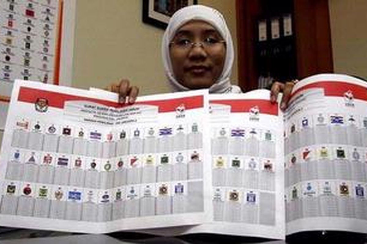 Andi Nurpati saat menjabat sebagai Ketua Kelompok Kerja Verifikasi Partai Politik Peserta Pemilu 2009, menunjukkan tiga contoh kertas suara yang akan digunakan pada Pemilihan Umum 2009.