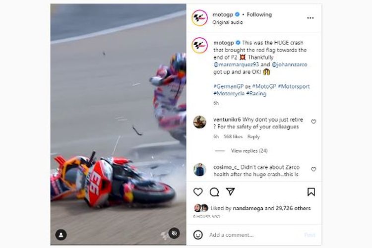 Marc Marquez terjatuh pada sesi latihan bebas FP2 pada MotoGP jerman 2023 dan menghantam Johann Zarco