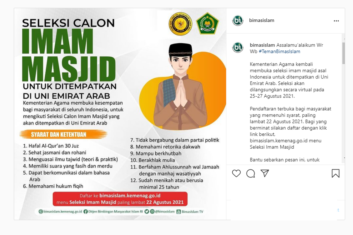 Informasi seleksi calon imam masjid untuk penempatan di UEA.