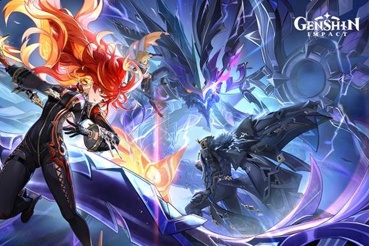 Ilustrasi Mavuika sedang bertarung dengan monster Abyss di Genshin Impact 5.3.