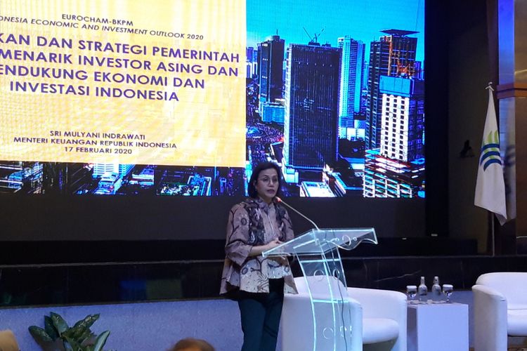 Finance Minister Sri Mulyani Indrawati delivers her presentation during a meeting at the Investment Coordinating Board building in Jakarta, Monday February 17, 2020.  