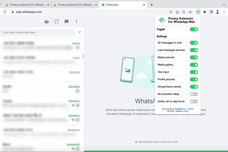 Ilustrasi cara blur WhatsApp Web di Chrome dengan Privacy Extension for WhatsApp Web.