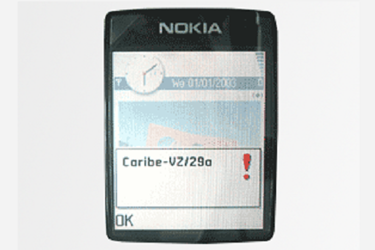 Ilustrasi virus Cabir atau Caribe yang menyerang smartphone untuk pertama kalinya di ponsel berbasis Symbian tahun 2005.