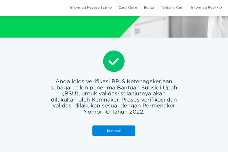 Tangkapan layar pemberitahuan sebagai calon penerima BSU 2022 di laman bsu.bpjsketenagakerjaan.go.id