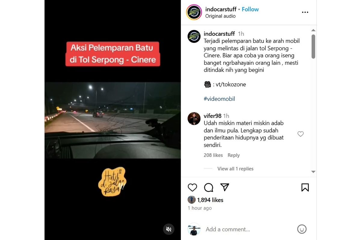 Dilansir dari Instagram @indocarstuff (17/82024), sebuah mobil terkena lemparan batu di Tol Serpong-Cinere. Sialnya, mobil ini mengalami pecah kaca depan sebelah kanan, sesaat setelah masuk Gerbang Tol Serpong 5.