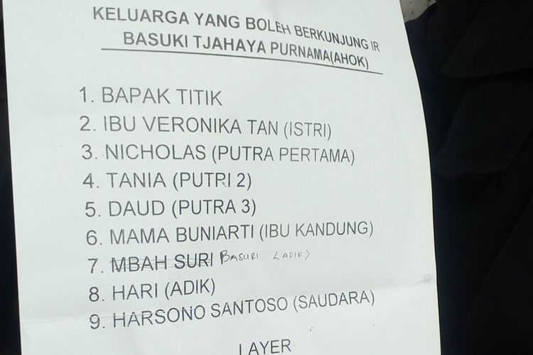 Daftar nama keluarga,pengacara, dan ajudan yang diizinkan menjenguk Gubernur DKI nonaktif Basuki Tjahaja Purnama (Ahok) di Mako Brimob, Depok.