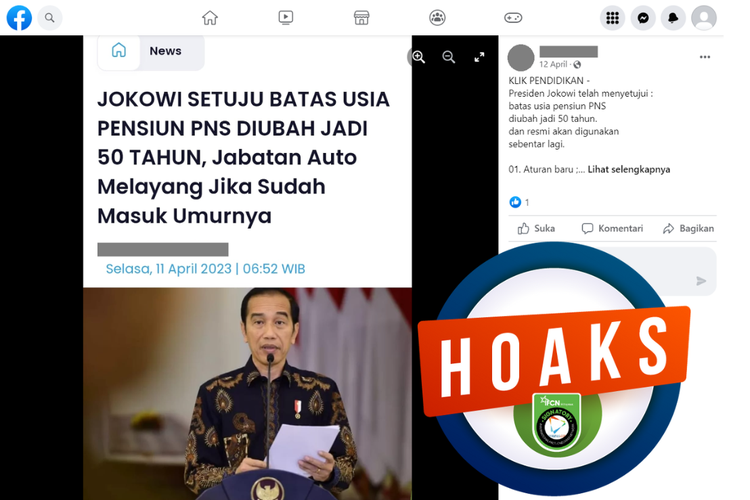 Tangkapan layar unggahan dengan narasi hoaks di sebuah akun Facebook, 12 April 2023, yang menyebut Jokowi menyetujui batas usia pensiun PNS diubah 50 tahun.