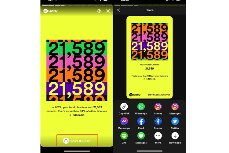 Ilustrasi cara membagikan Spotify Wrapped 2022 di media sosial.