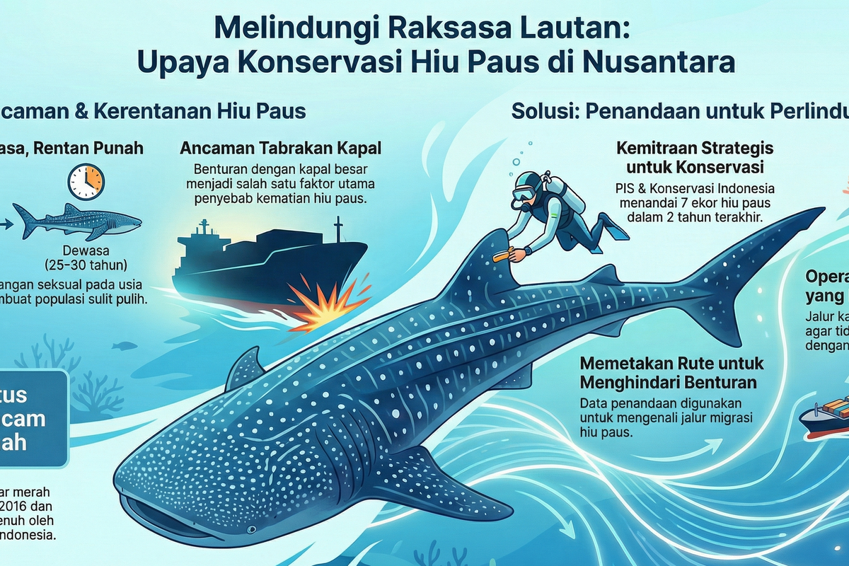 Infografis penandaan Hiu Paus untuk memetakan rute migrasi.